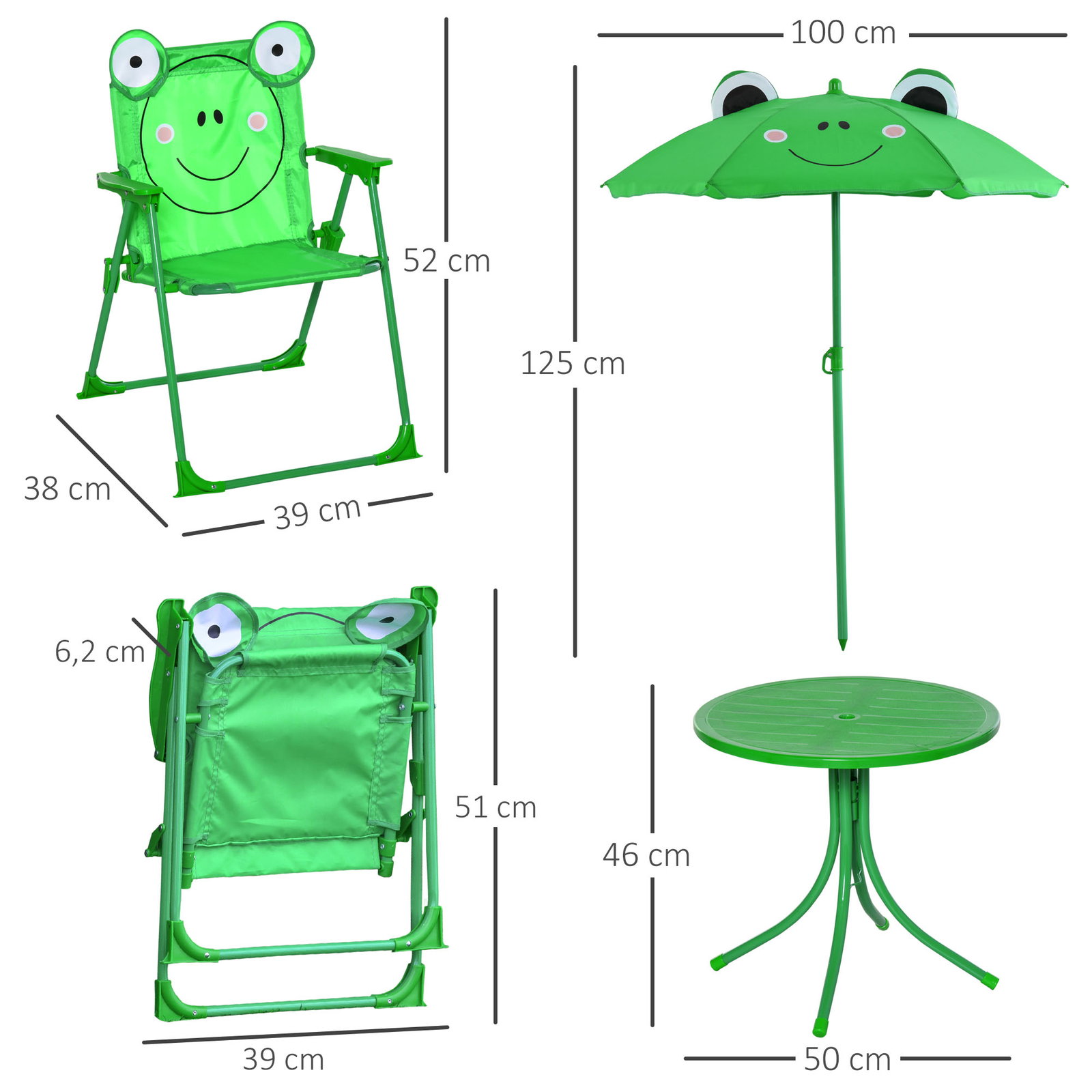 Conjunto de mesa e cadeira de jardim conjunto de picnic dobrável para crianças conjunto de mesa com chapéu de sol com altura ajustável 100-125cm desenho de sapo verde