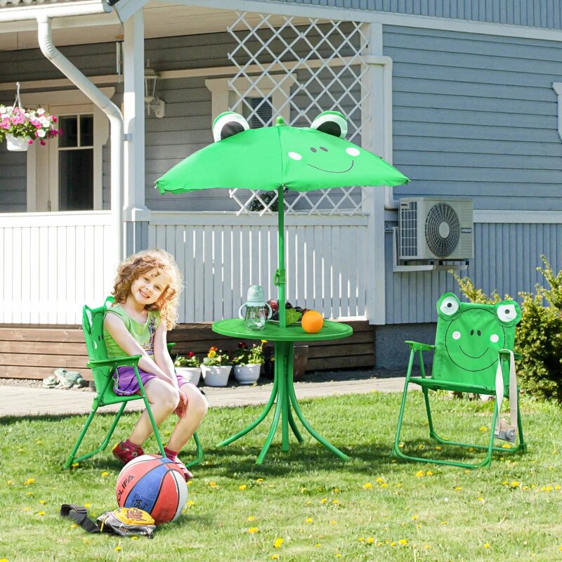 Conjunto de mesa e cadeira de jardim conjunto de picnic dobrável para crianças conjunto de mesa com chapéu de sol com altura ajustável 100-125cm desenho de sapo verde