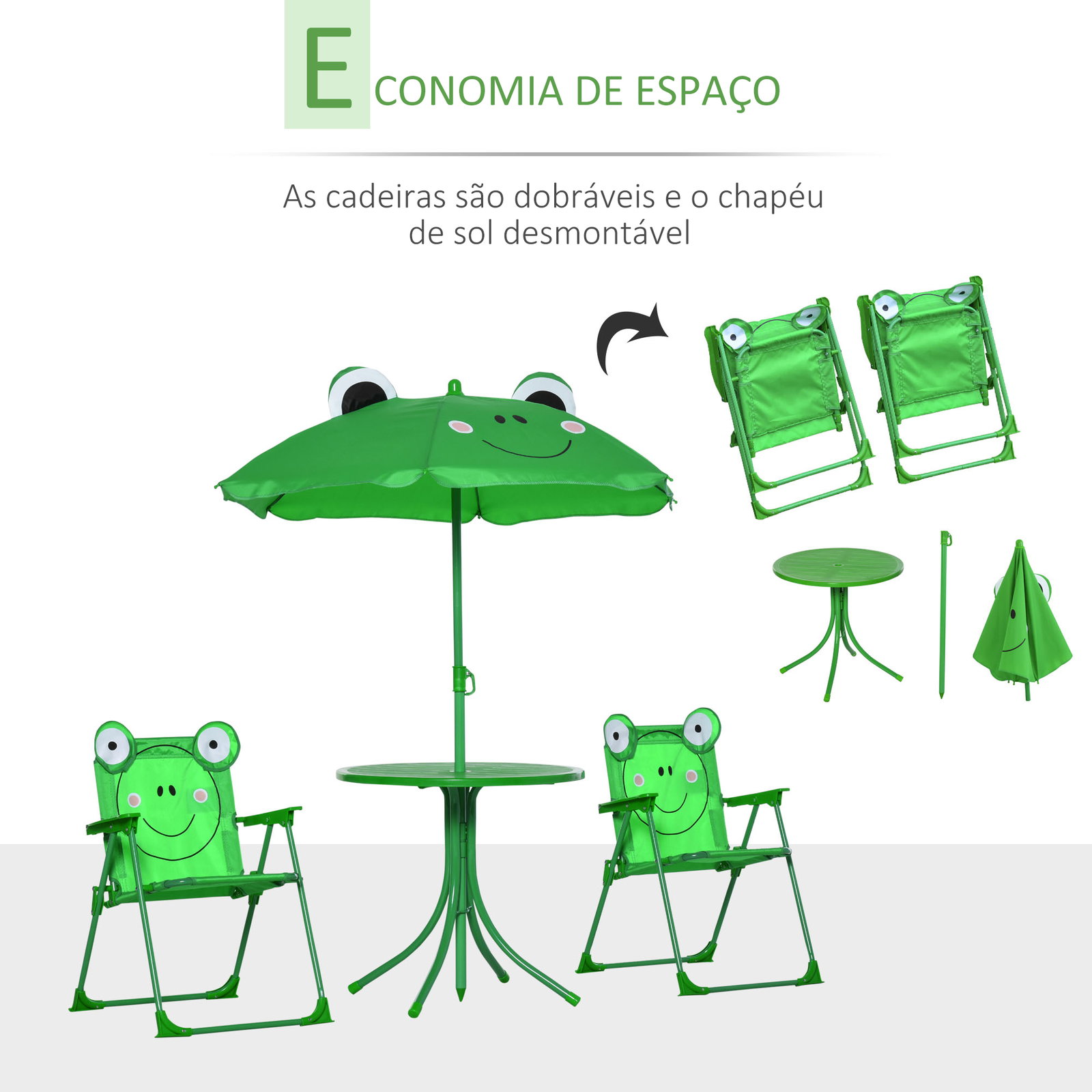 Conjunto de mesa e cadeira de jardim conjunto de picnic dobrável para crianças conjunto de mesa com chapéu de sol com altura ajustável 100-125cm desenho de sapo verde