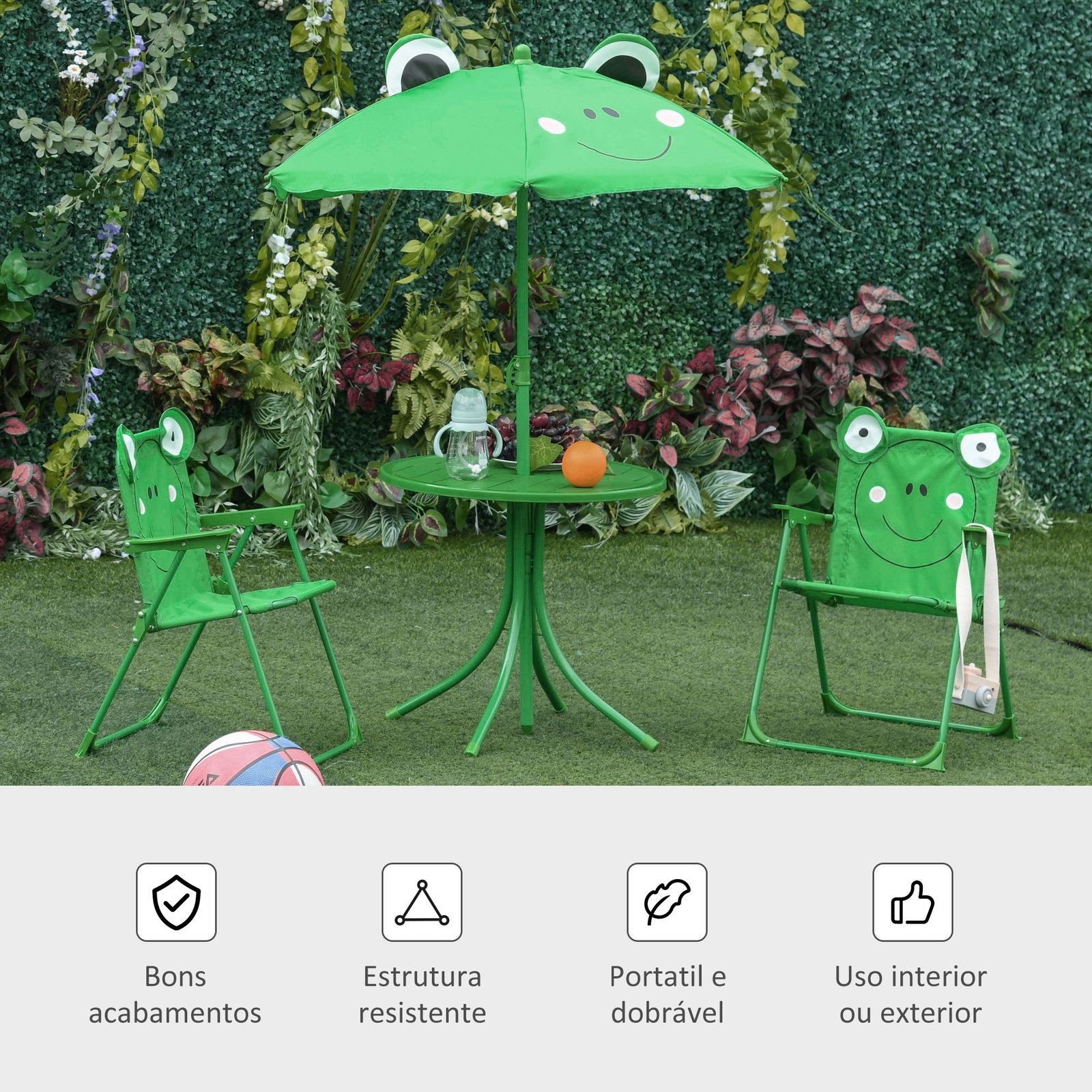 Conjunto de mesa e cadeira de jardim conjunto de picnic dobrável para crianças conjunto de mesa com chapéu de sol com altura ajustável 100-125cm desenho de sapo verde