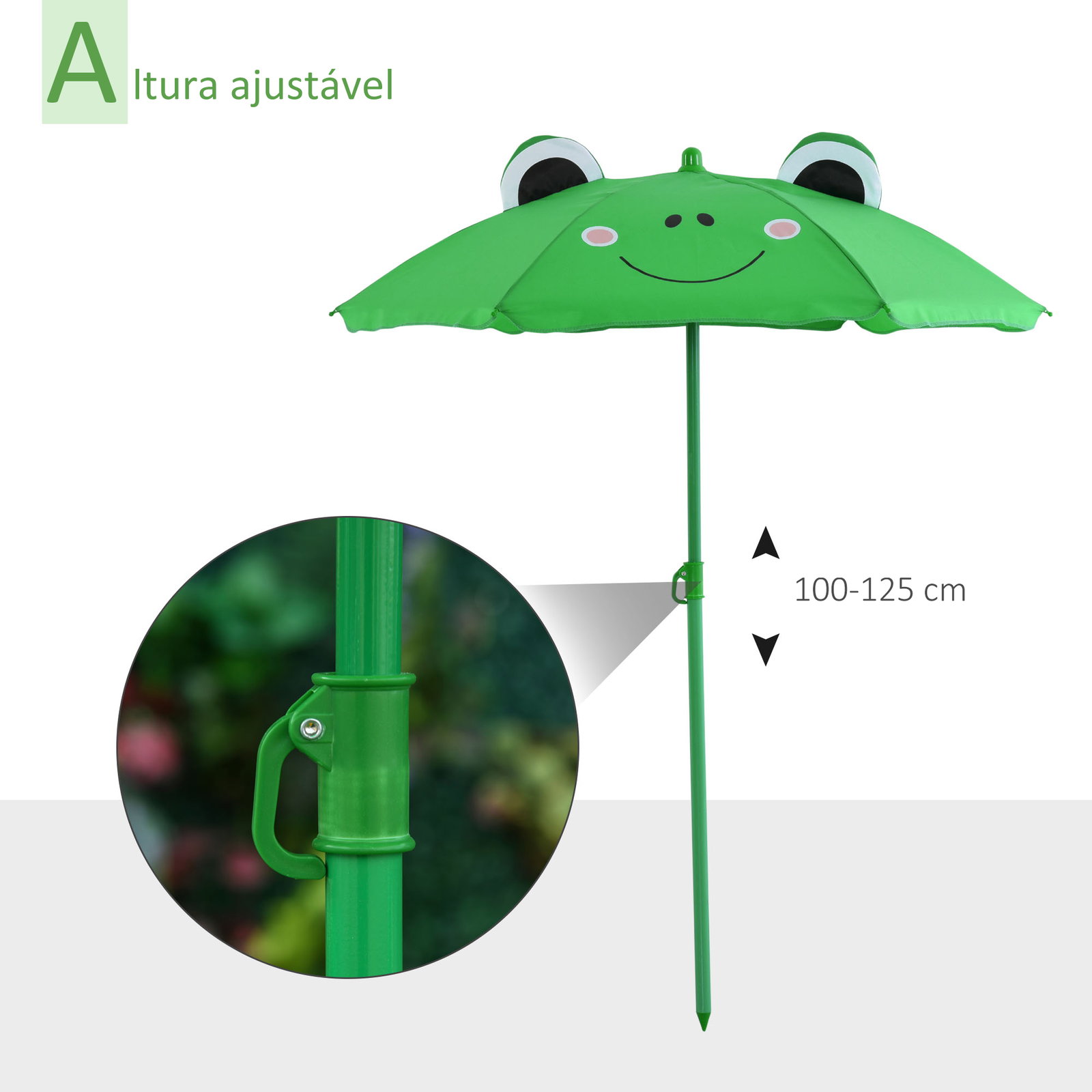 Conjunto de mesa e cadeira de jardim conjunto de picnic dobrável para crianças conjunto de mesa com chapéu de sol com altura ajustável 100-125cm desenho de sapo verde