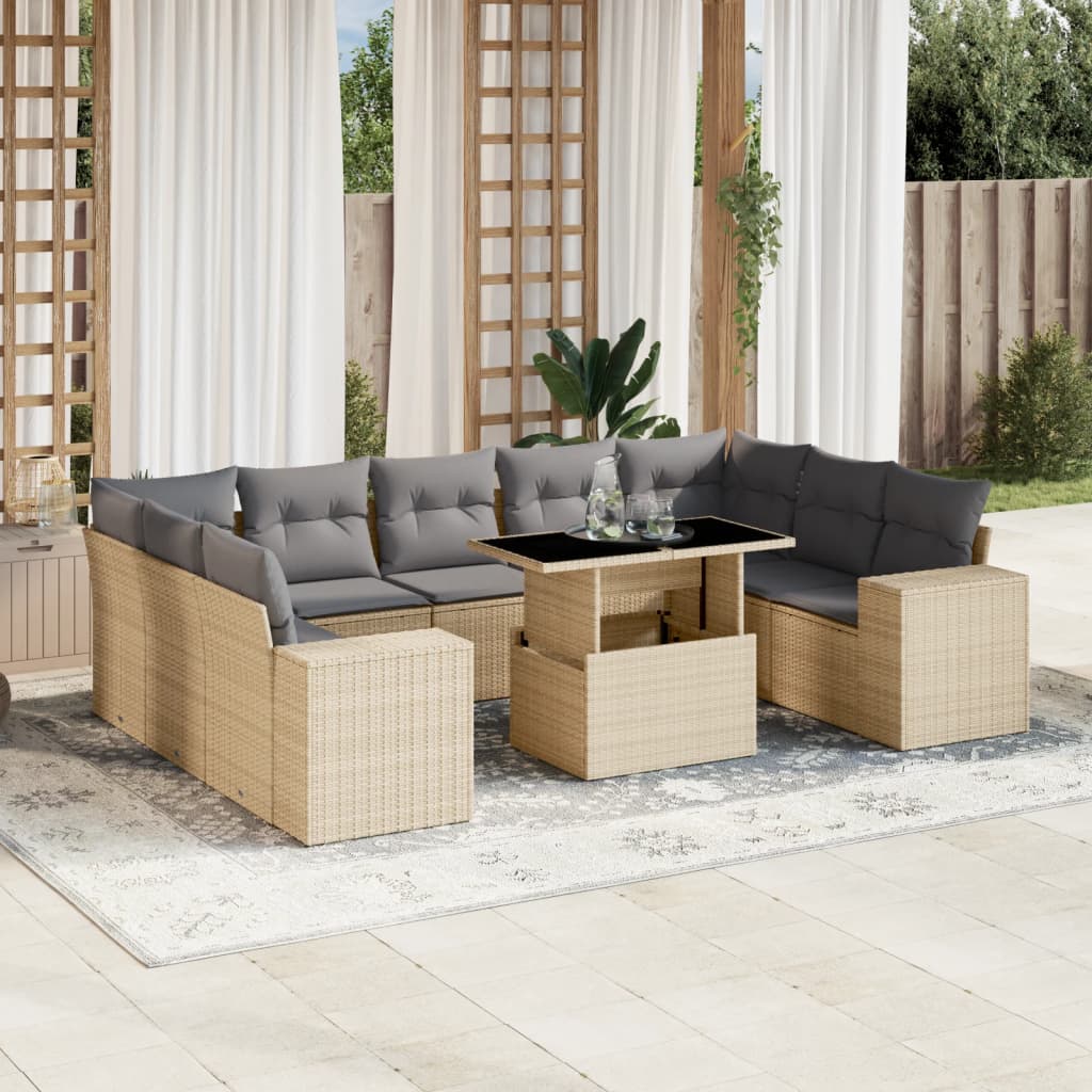 10 Pcs conjunto de sofás p/ jardim com almofadões vime PE bege