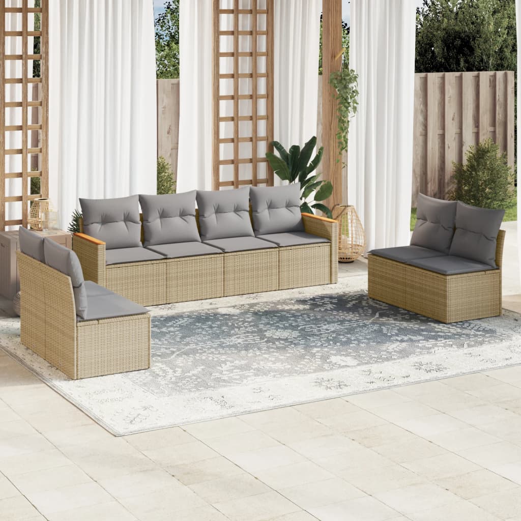 8 Pcs conj. sofás jardim c/ almofadões vime PE bege misturado
