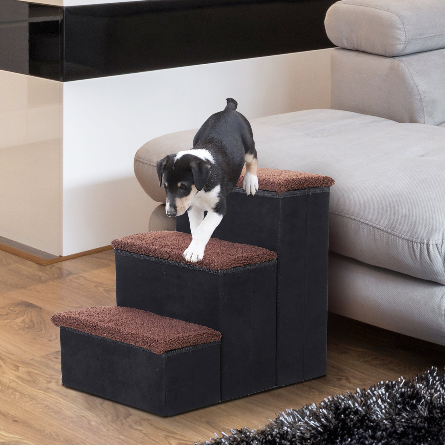 Escada para animais de estimação de 3 degraus dobrável com tampa e espaço de armazenamento escada para cães gatos pequenos para cama sofá 40x54x48cm preto