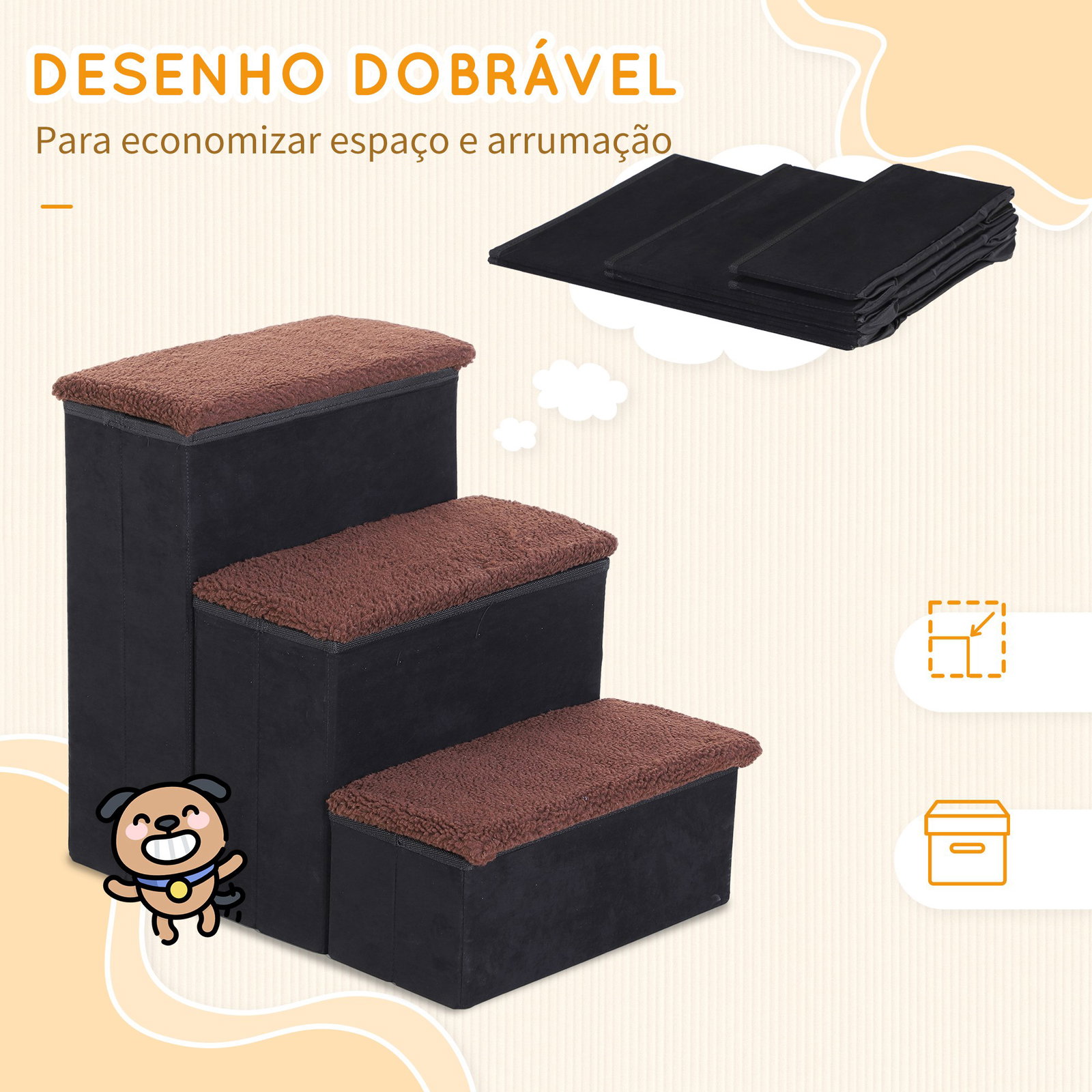 Escada para animais de estimação de 3 degraus dobrável com tampa e espaço de armazenamento escada para cães gatos pequenos para cama sofá 40x54x48cm preto