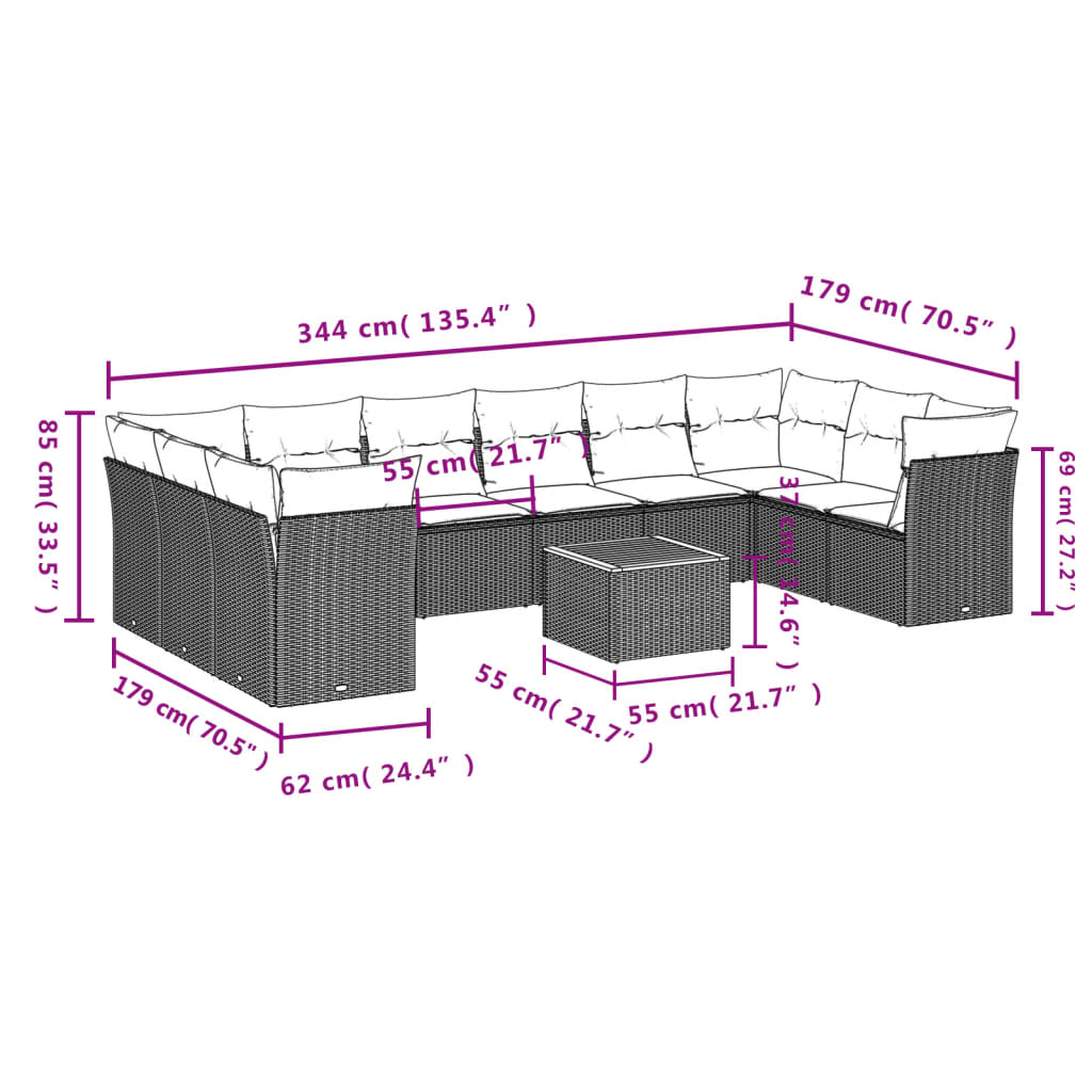 11 Pcs conjunto sofás de jardim c/ almofadões vime PE preto