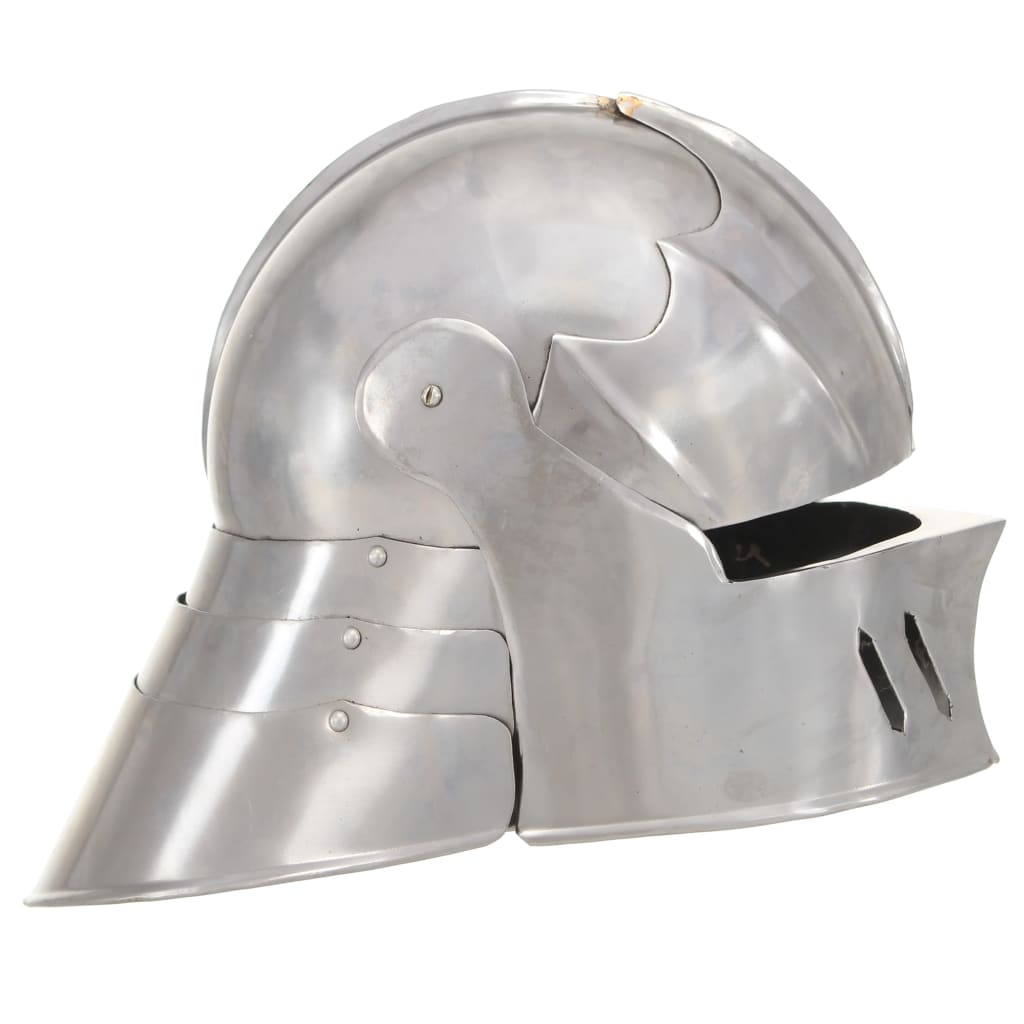 Capacete de cavaleiro medieval réplica larp aço prateado
