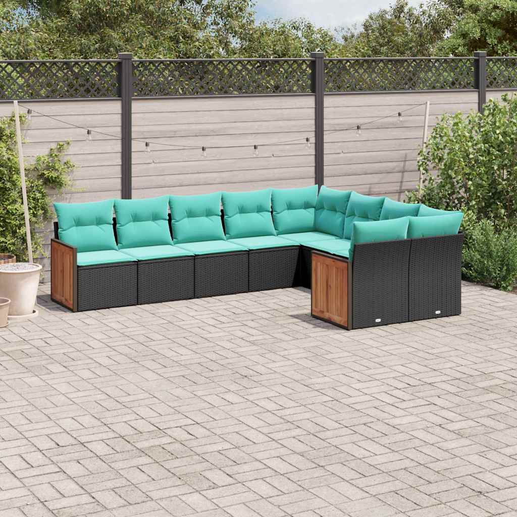 Conjunto de sofá de jardim de 9 peças com almofadas em rattan sintético preto