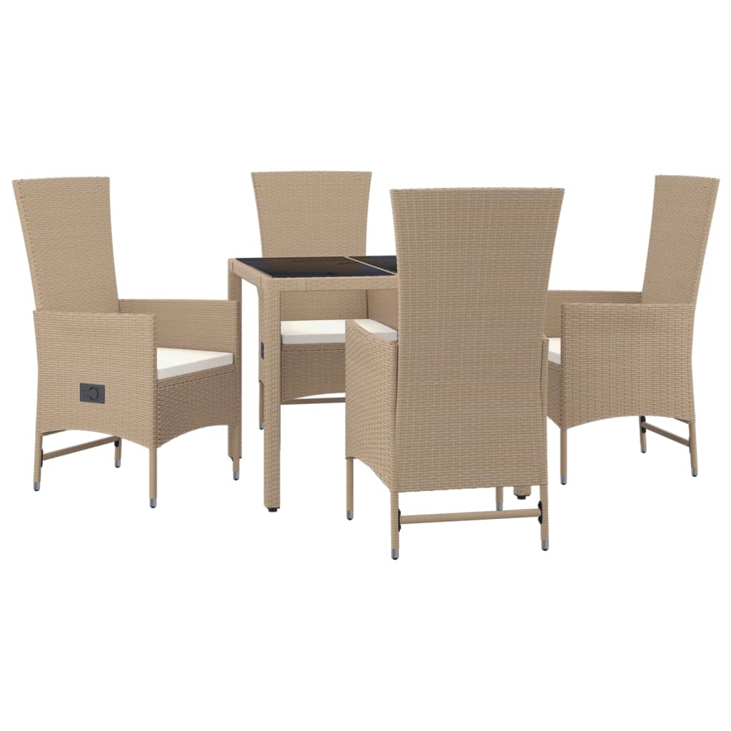 5 Pcs conjunto de jantar p/ jardim com almofadões vime PE bege