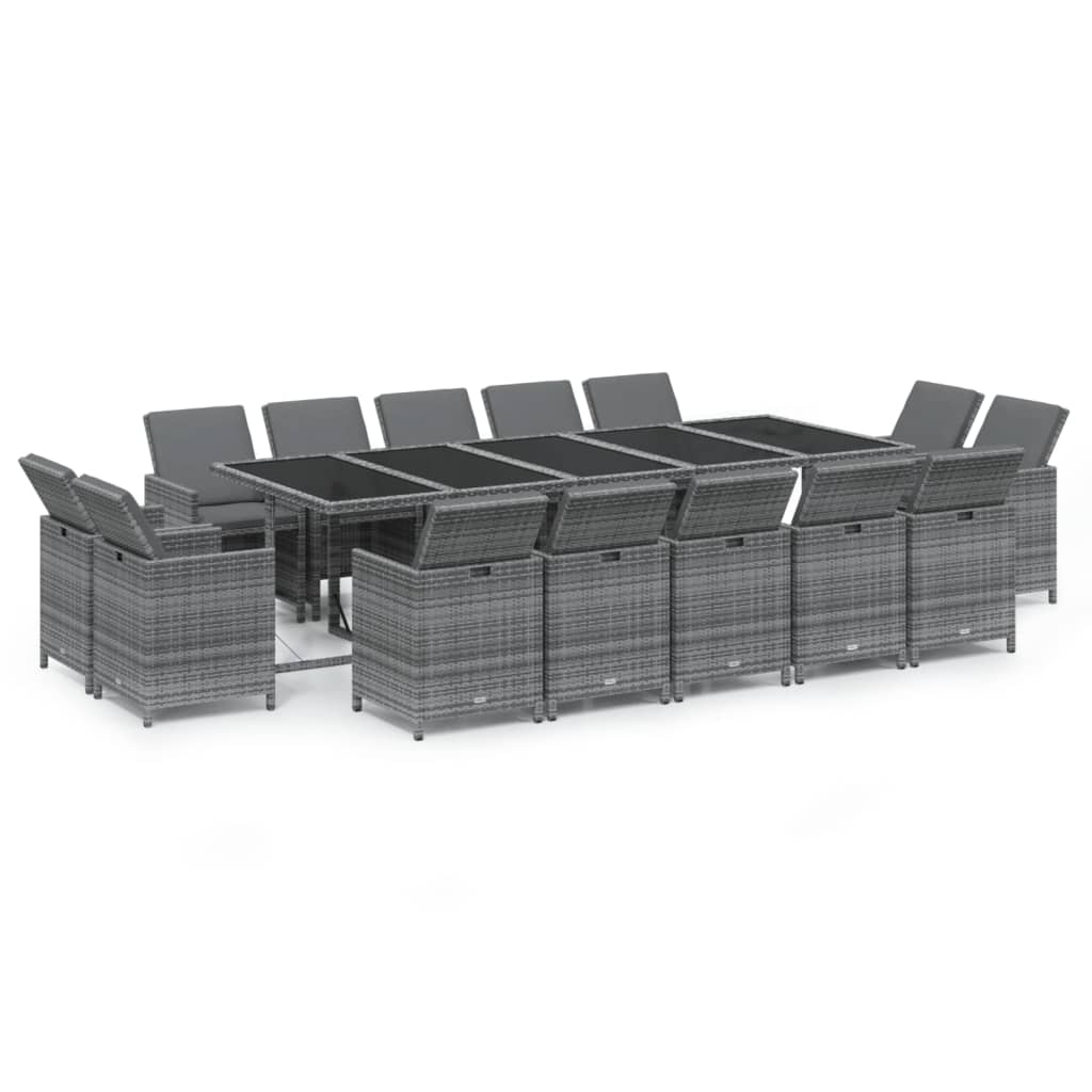 15 Pcs conjunto jantar p/ jardim c/ almofadões vime PE cinzento