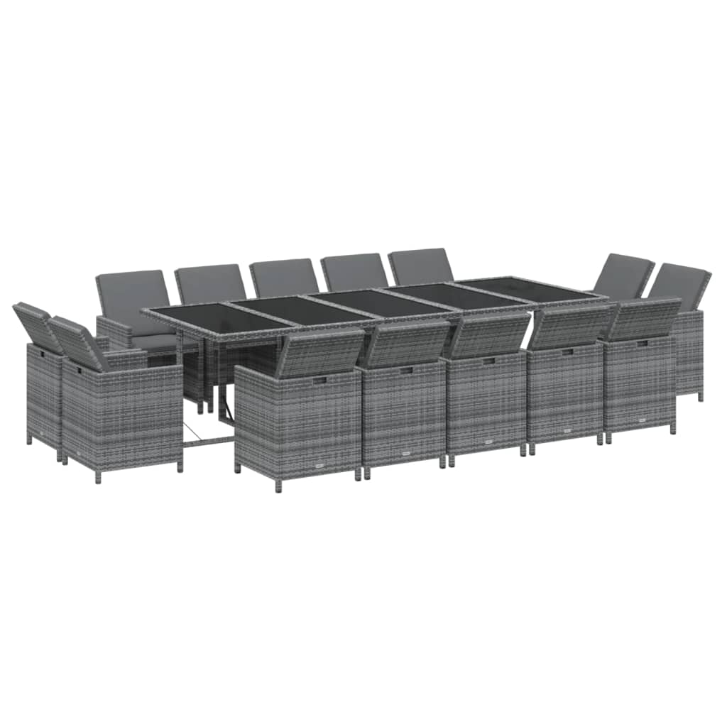15 Pcs conjunto jantar p/ jardim c/ almofadões vime PE cinzento