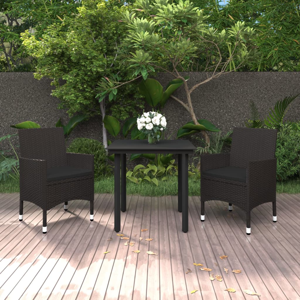 3 Pcs conjunto de jantar p/ jardim c/almofadões vime PE e vidro