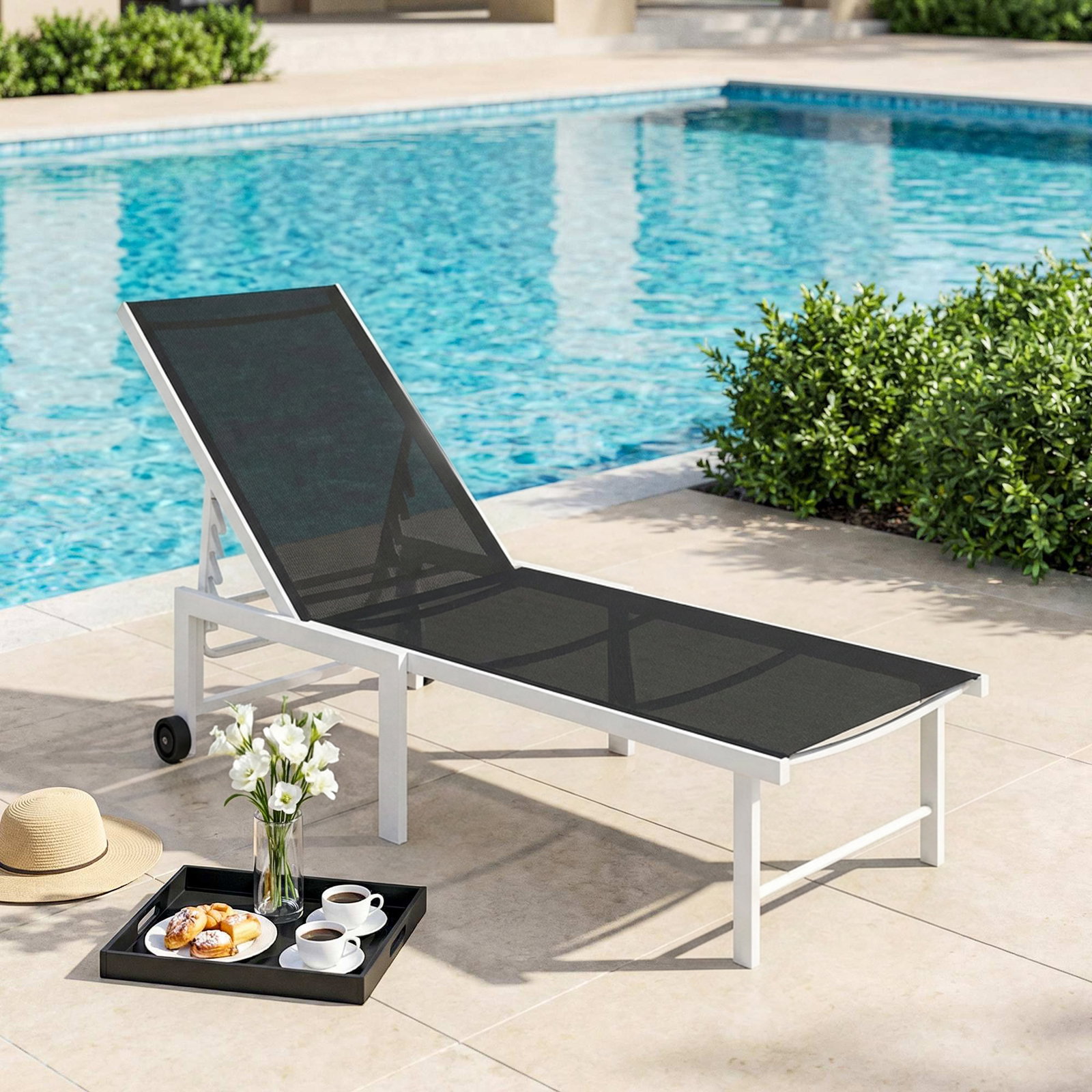 Espreguiçadeira reclinável de jardim com rodas encosto ajustável em 5 níveis e estrutura de aço 166x60x84 cm cinzento