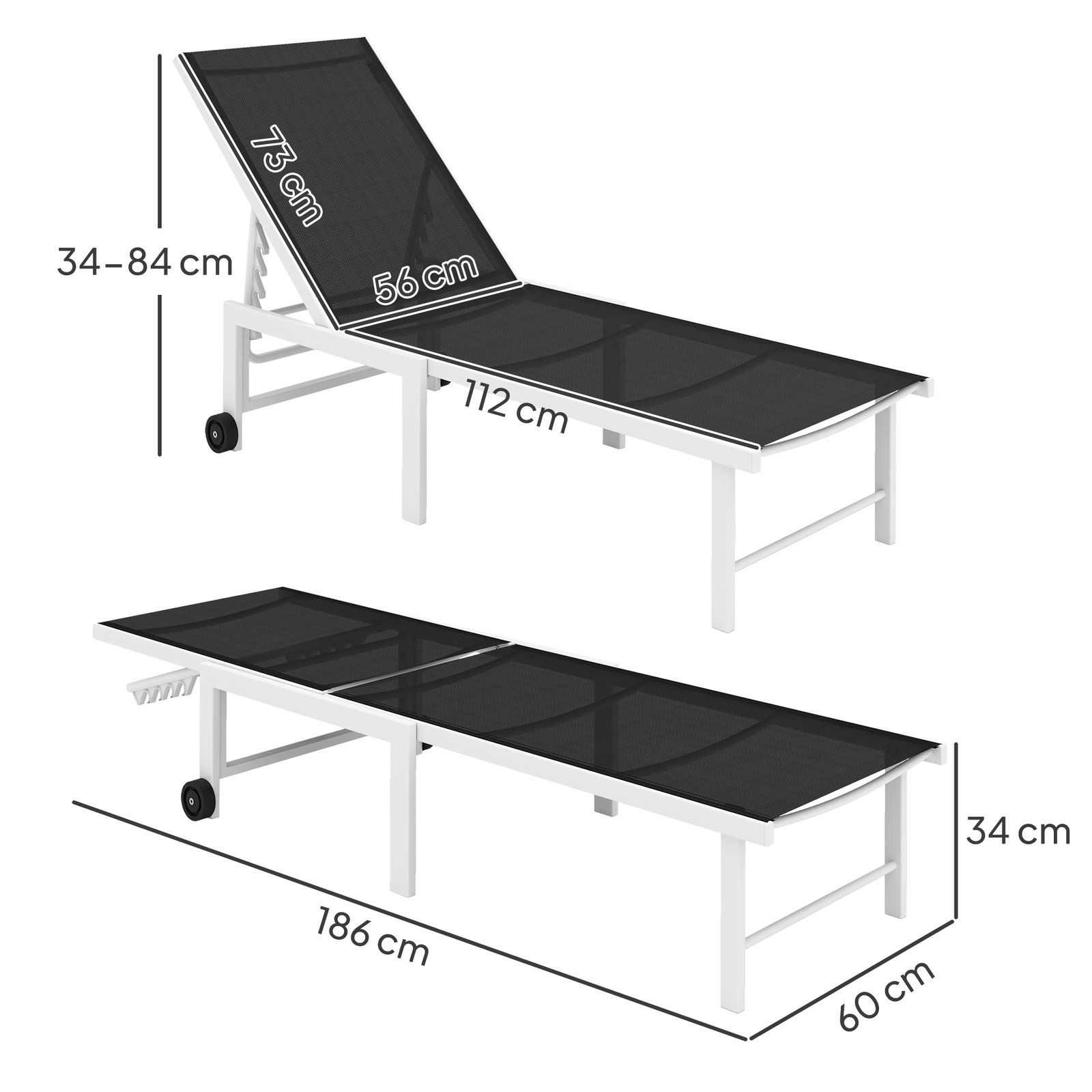 Espreguiçadeira reclinável de jardim com rodas encosto ajustável em 5 níveis e estrutura de aço 166x60x84 cm cinzento