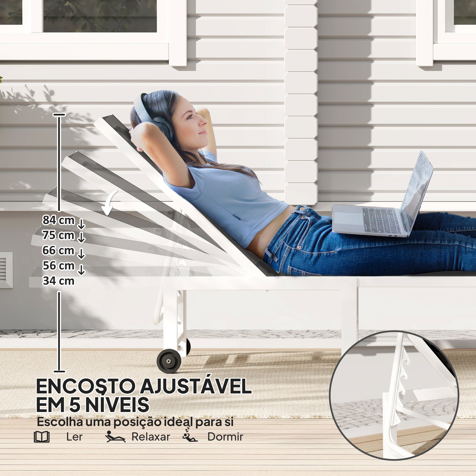 Espreguiçadeira reclinável de jardim com rodas encosto ajustável em 5 níveis e estrutura de aço 166x60x84 cm cinzento