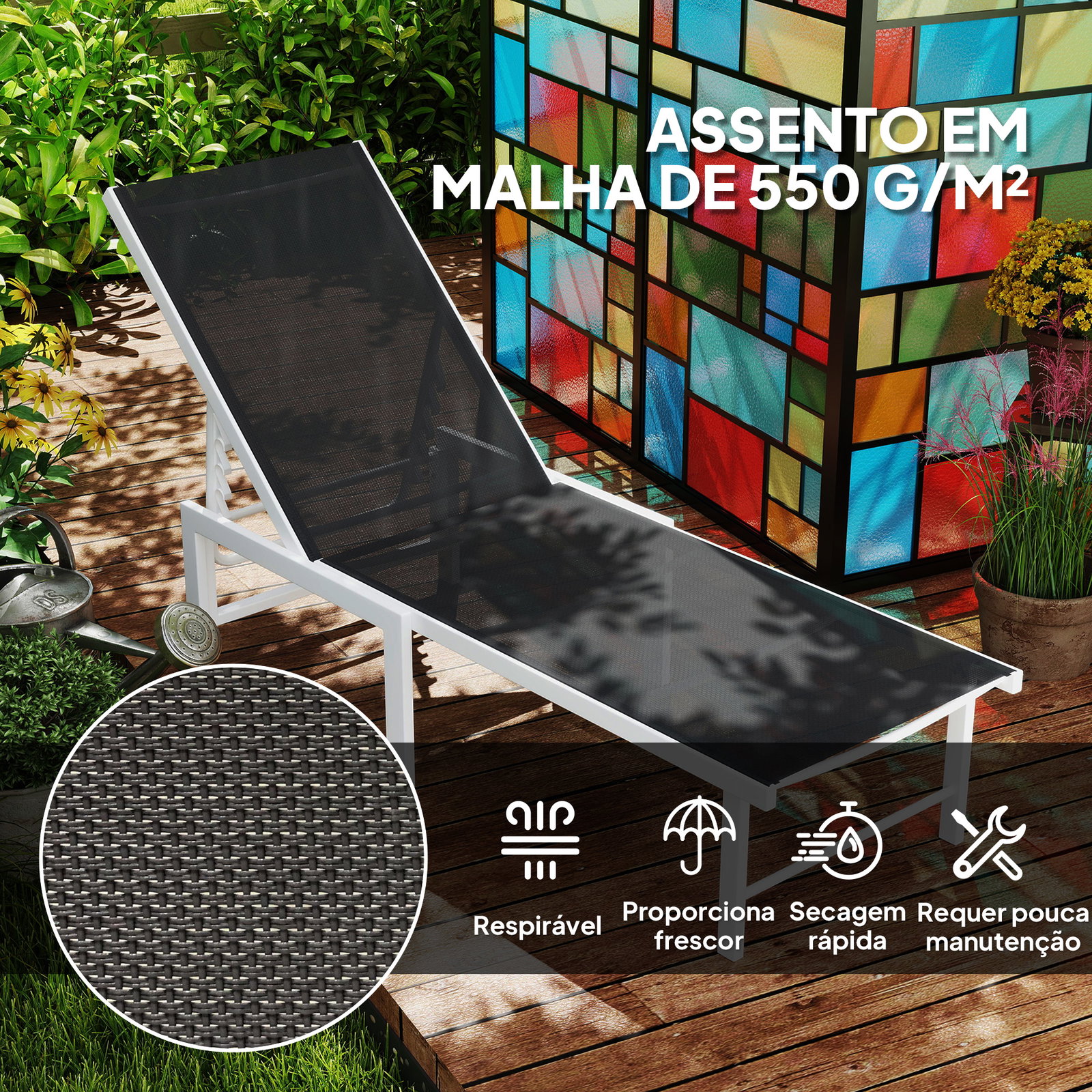 Espreguiçadeira reclinável de jardim com rodas encosto ajustável em 5 níveis e estrutura de aço 166x60x84 cm cinzento