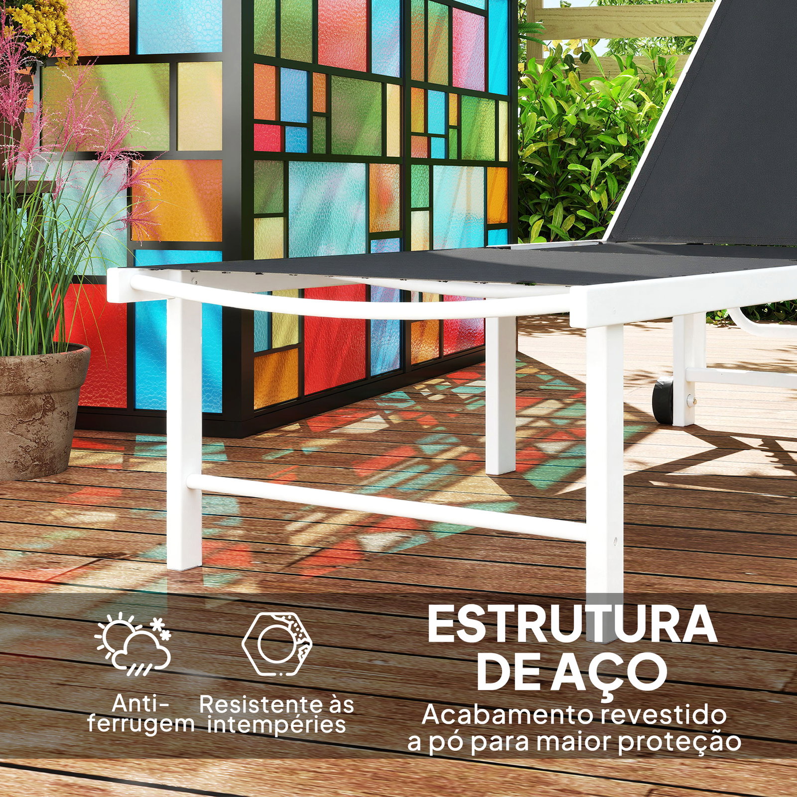 Espreguiçadeira reclinável de jardim com rodas encosto ajustável em 5 níveis e estrutura de aço 166x60x84 cm cinzento