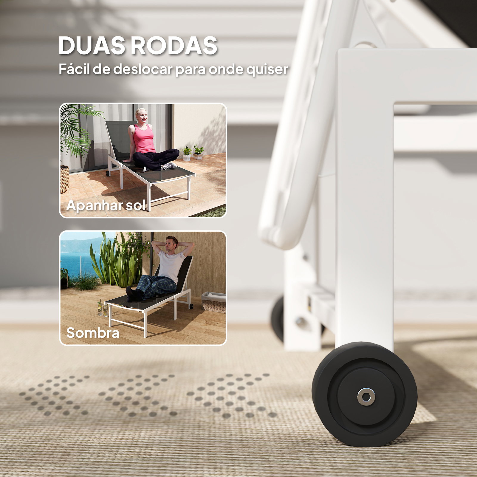 Espreguiçadeira reclinável de jardim com rodas encosto ajustável em 5 níveis e estrutura de aço 166x60x84 cm cinzento