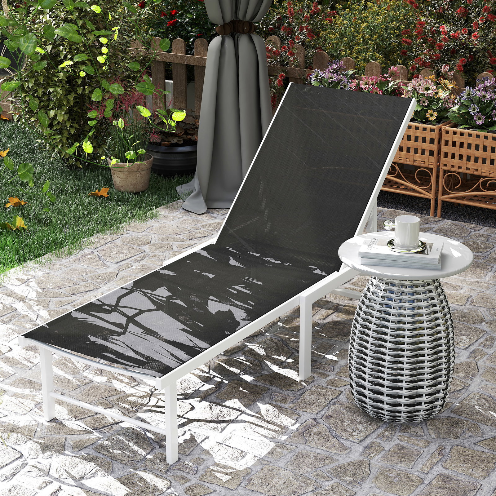 Espreguiçadeira reclinável de jardim com rodas encosto ajustável em 5 níveis e estrutura de aço 166x60x84 cm cinzento