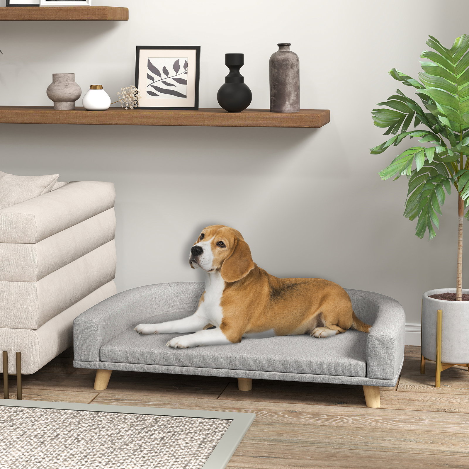 Sofá para cães cama elevada para cães estofada com almofada lavável e pés de madeira de pinho 98x67x25 cm cinza