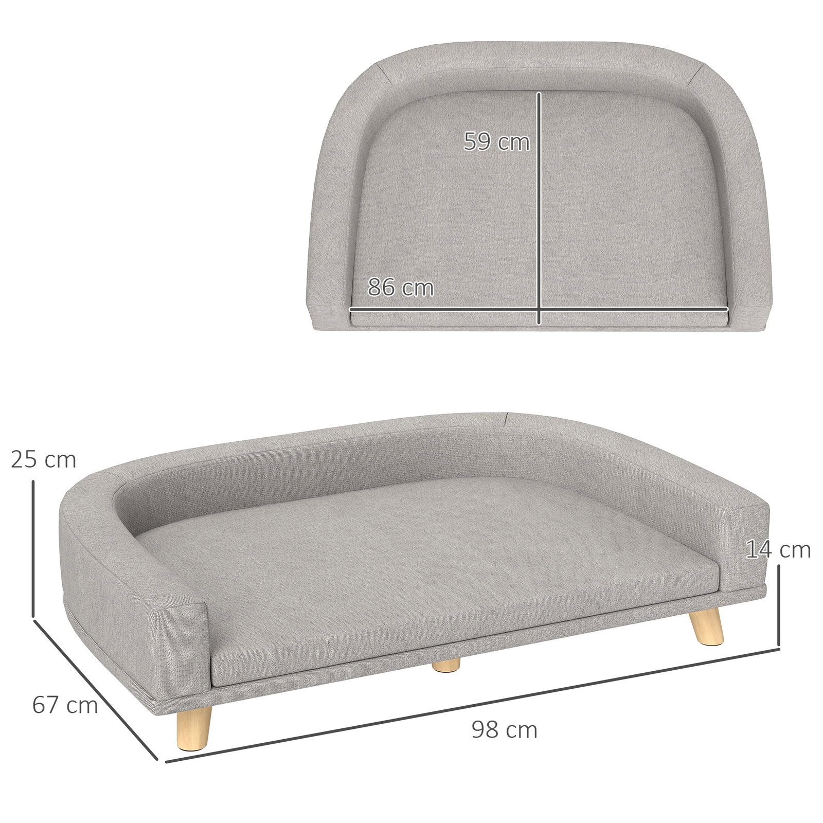 Sofá para cães cama elevada para cães estofada com almofada lavável e pés de madeira de pinho 98x67x25 cm cinza