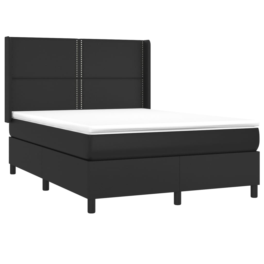 Cama box spring c/ colchão/LED 140x190cm couro artificial preto