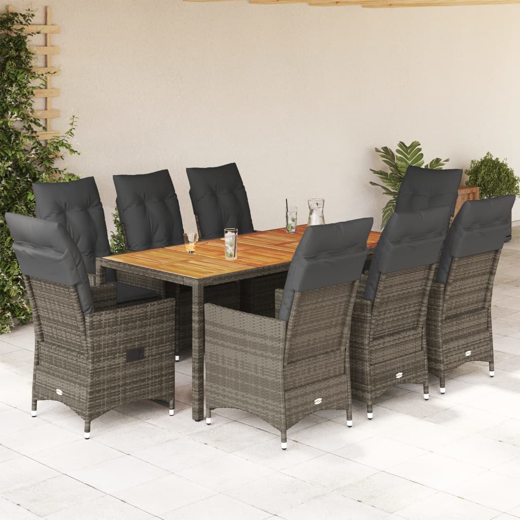 9 Pcs conjunto de jantar p/ jardim c/ almofadões vime PE cinza