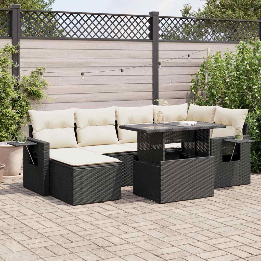 7 Pcs conjunto de sofás p/ jardim c/ almofadões vime PE preto
