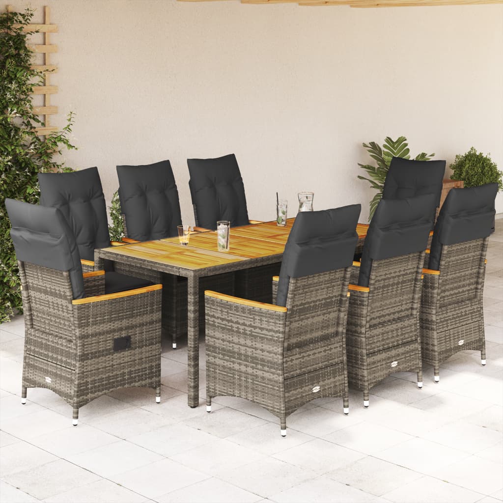 9 Pcs conjunto de jantar p/ jardim c/ almofadões vime PE cinza