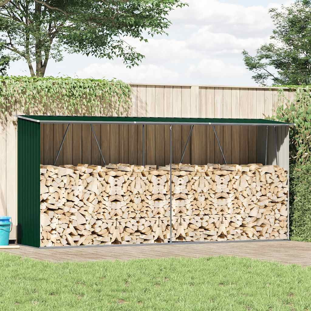 Abrigo jardim p/ arrumação de troncos aço 330x84x152cm verde