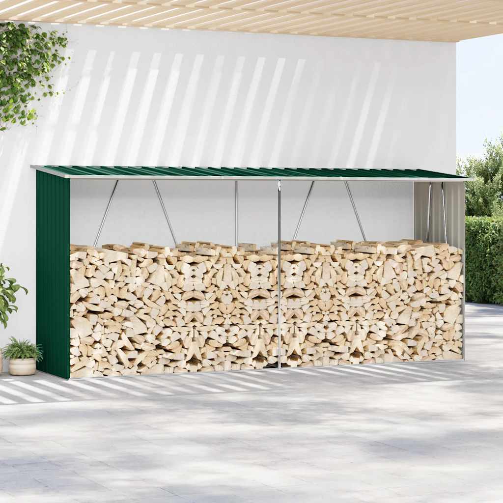 Abrigo jardim p/ arrumação de troncos aço 330x84x152cm verde