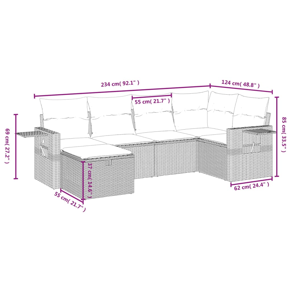 Conjunto de sofá de jardim com 6 peças e almofadas em rattan sintético marrom