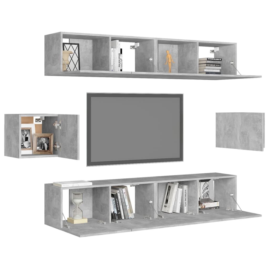 6 Pcs conjunto móveis de TV derivados madeira cinzento cimento