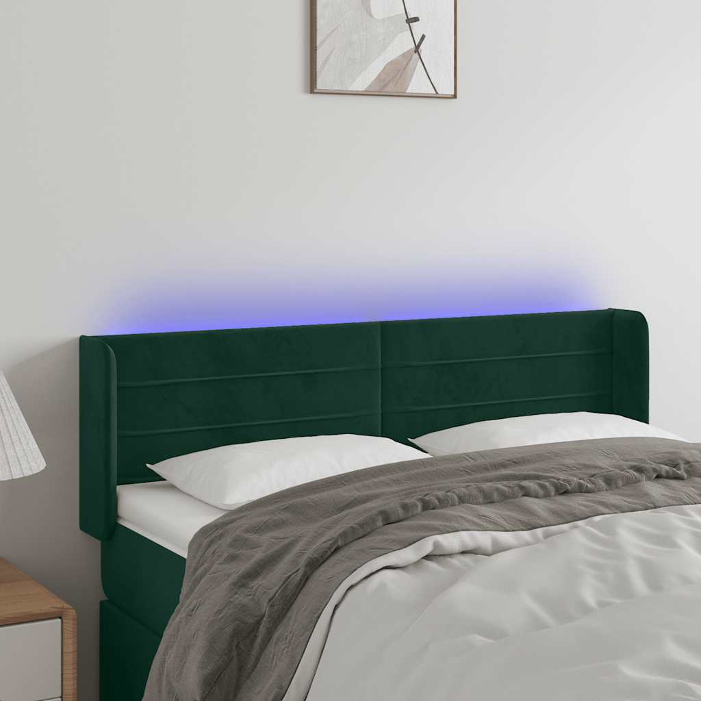 Cabeceira cama c/ luzes LED veludo 147x16x78/88 cm verde-escuro