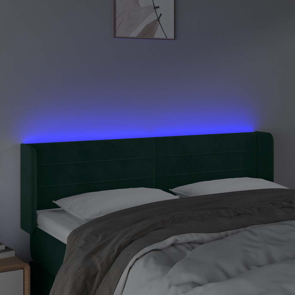Cabeceira cama c/ luzes LED veludo 147x16x78/88 cm verde-escuro