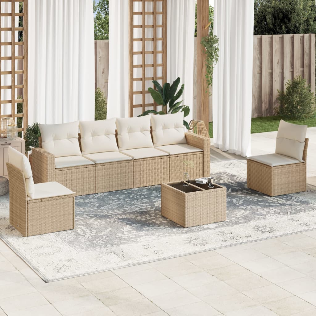7 Pcs conjunto de sofás p/ jardim com almofadões vime PE bege