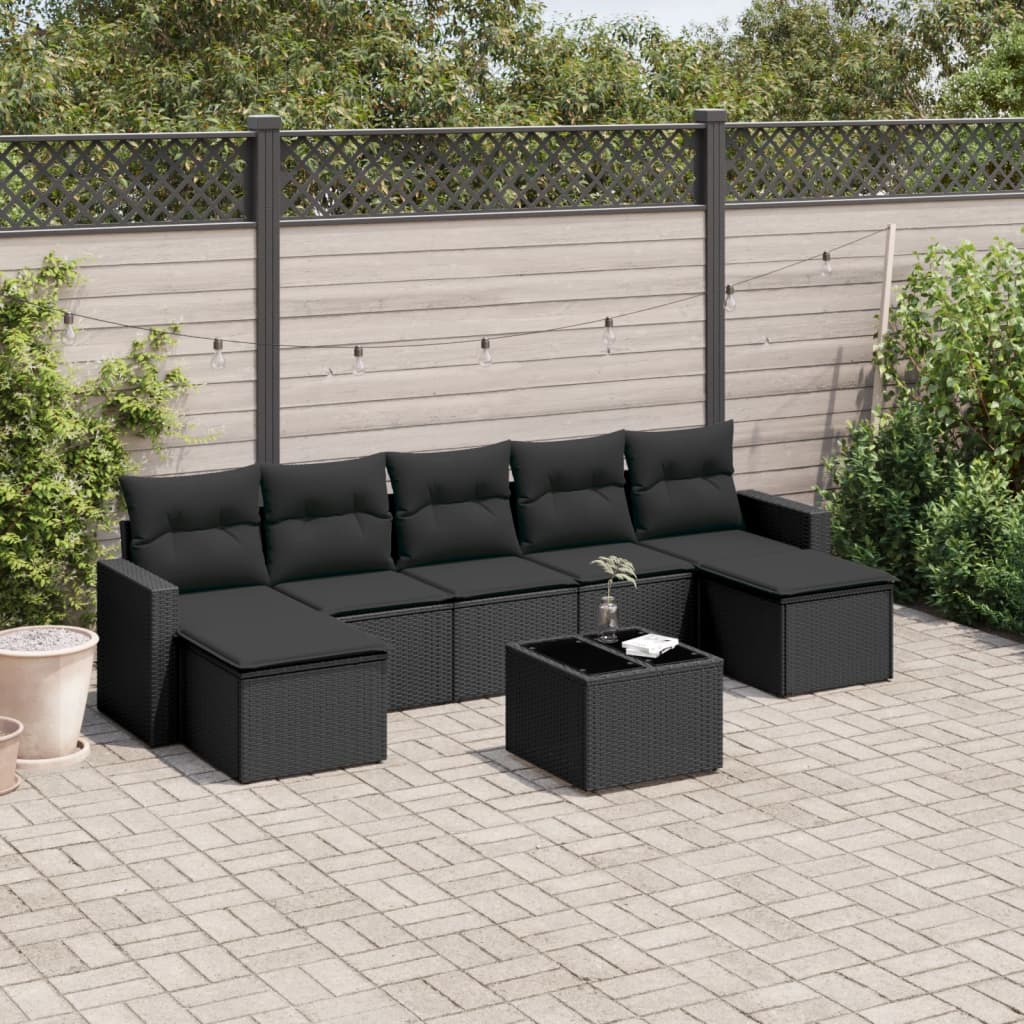 8 Pcs conjunto sofás de jardim com almofadões vime PE preto