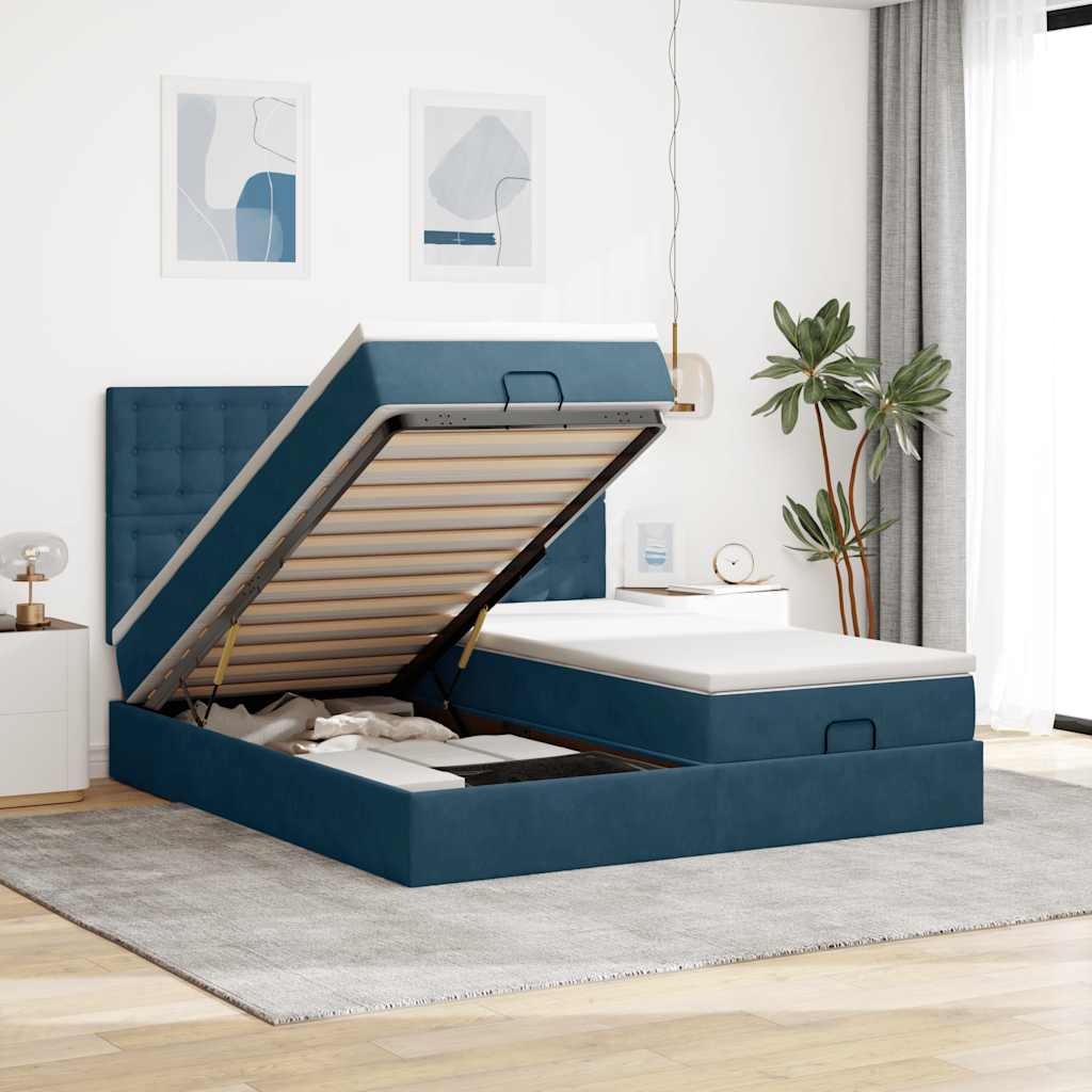Estrutura cama otomana colchões 180x200 cm veludo azul escuro