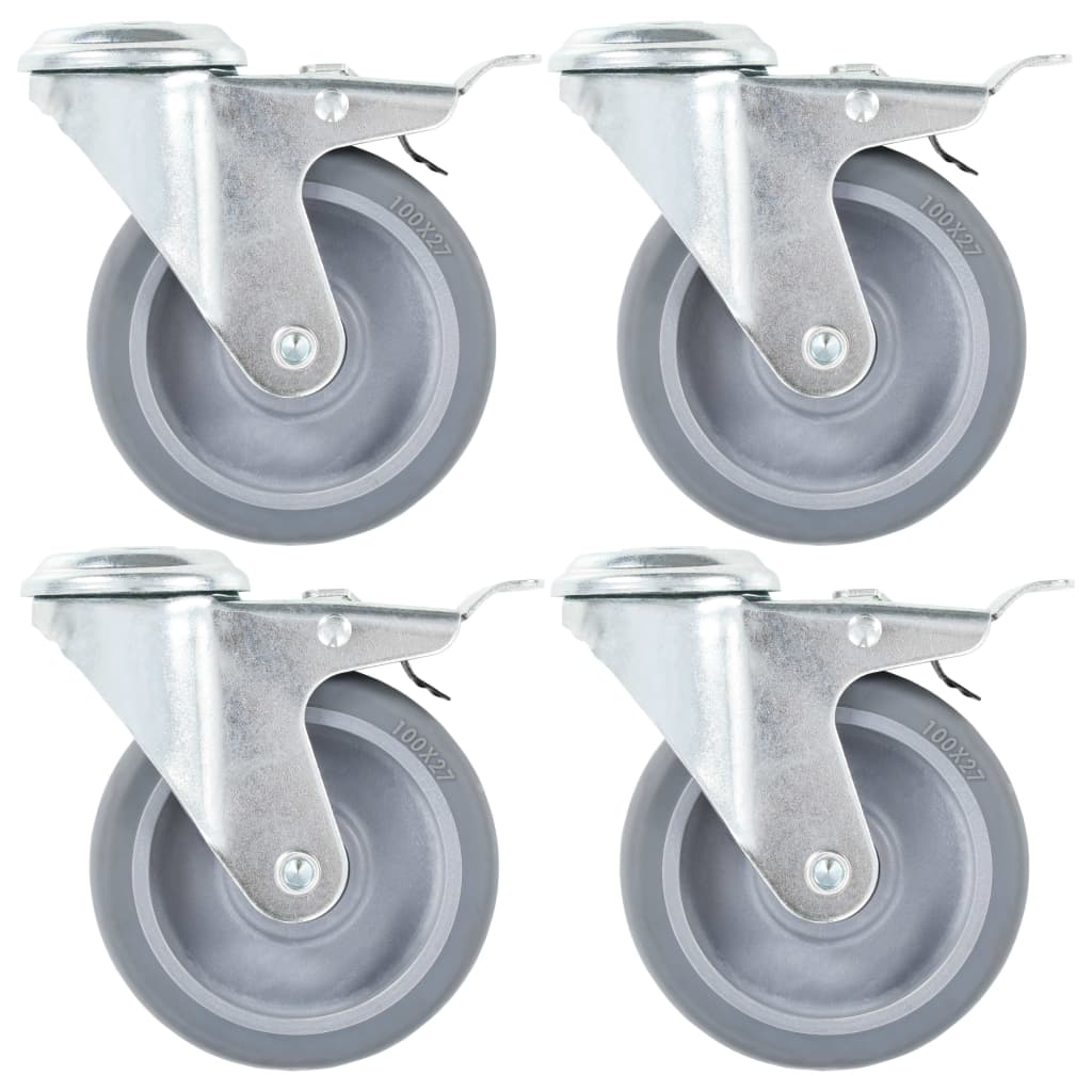 Rodas giratórias com furo e travões duplos 4 pcs 100 mm