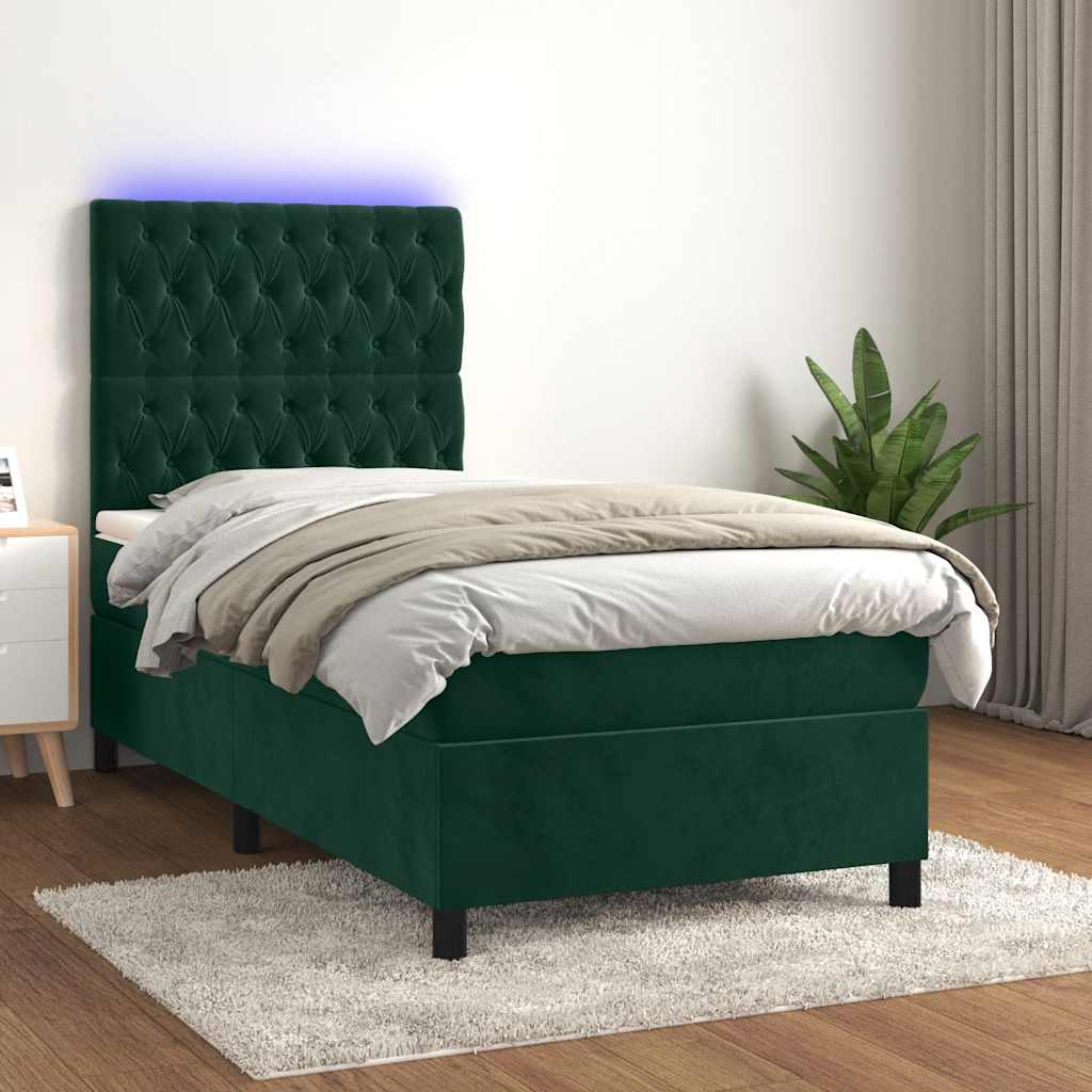 Cama box spring c/ colchão/LED 90x200 cm veludo verde-escuro