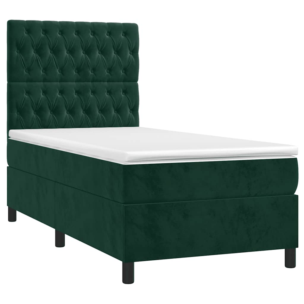 Cama box spring c/ colchão/LED 90x200 cm veludo verde-escuro