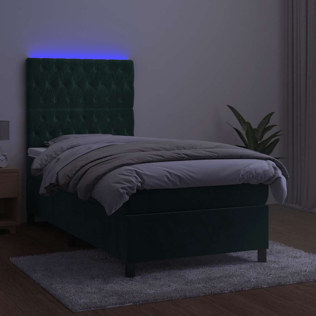 Cama box spring c/ colchão/LED 90x200 cm veludo verde-escuro