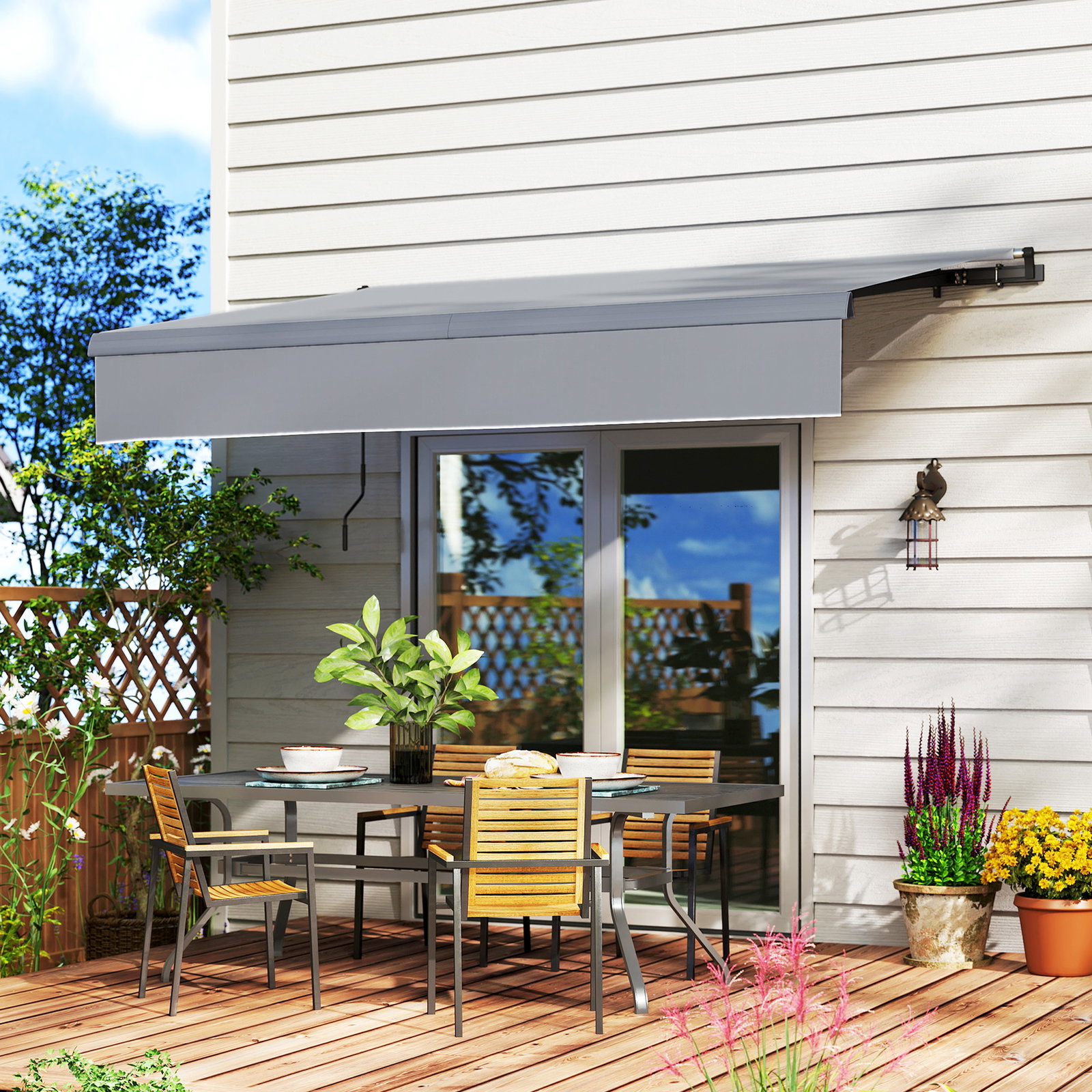 Toldo retrátil manual para jardim ajustável com manivela proteção UV estrutura de metal e alumínio 295x200 cm cinzento