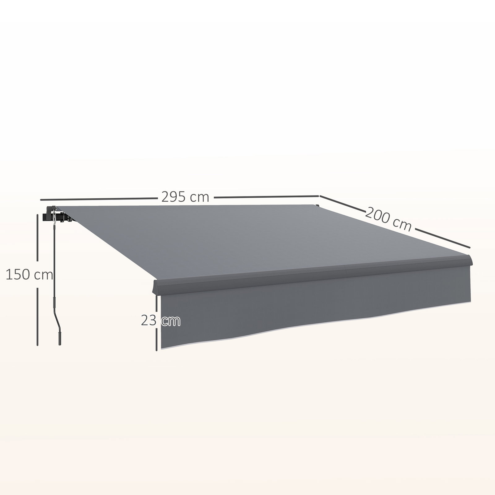 Toldo retrátil manual para jardim ajustável com manivela proteção UV estrutura de metal e alumínio 295x200 cm cinzento