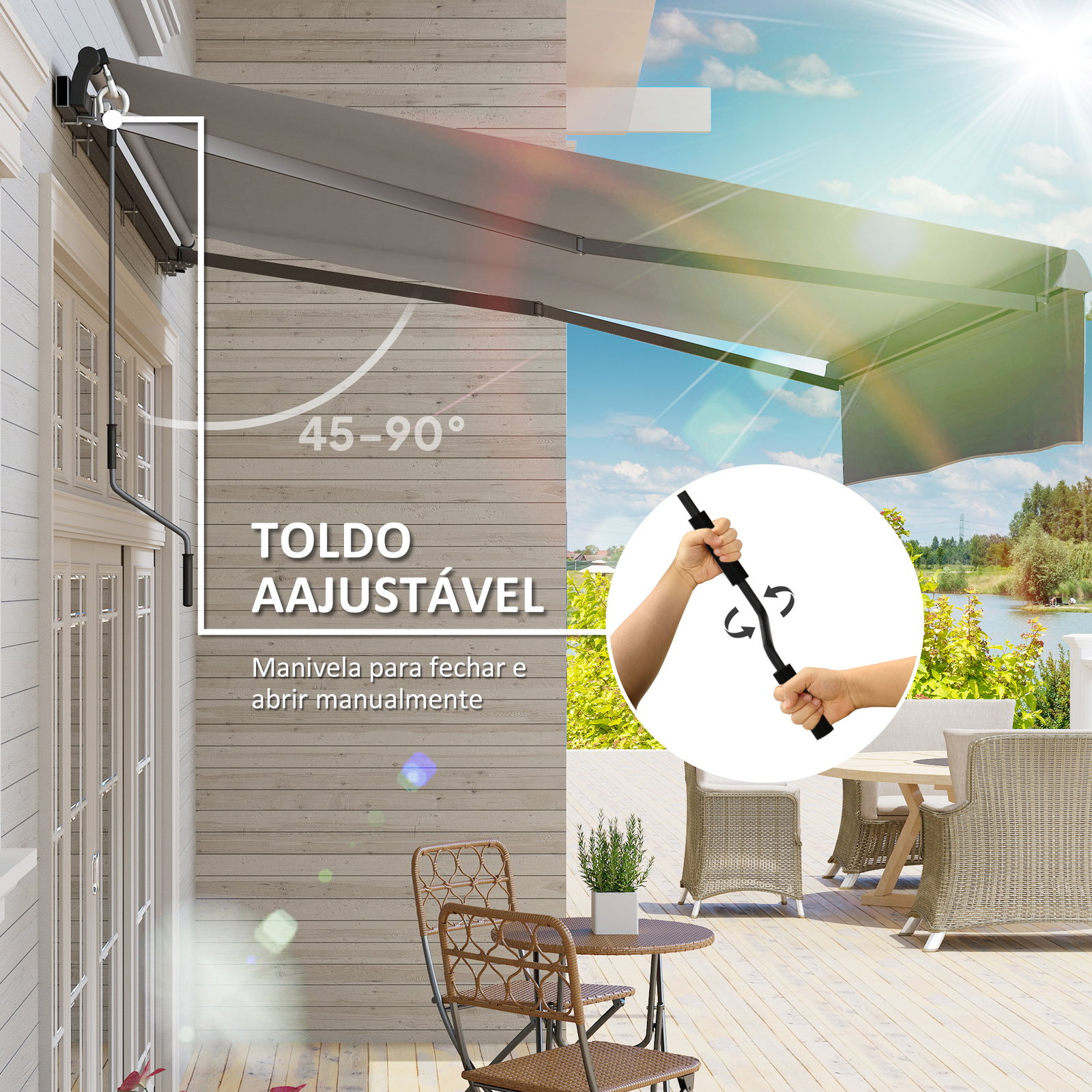 Toldo retrátil manual para jardim ajustável com manivela proteção UV estrutura de metal e alumínio 295x200 cm cinzento
