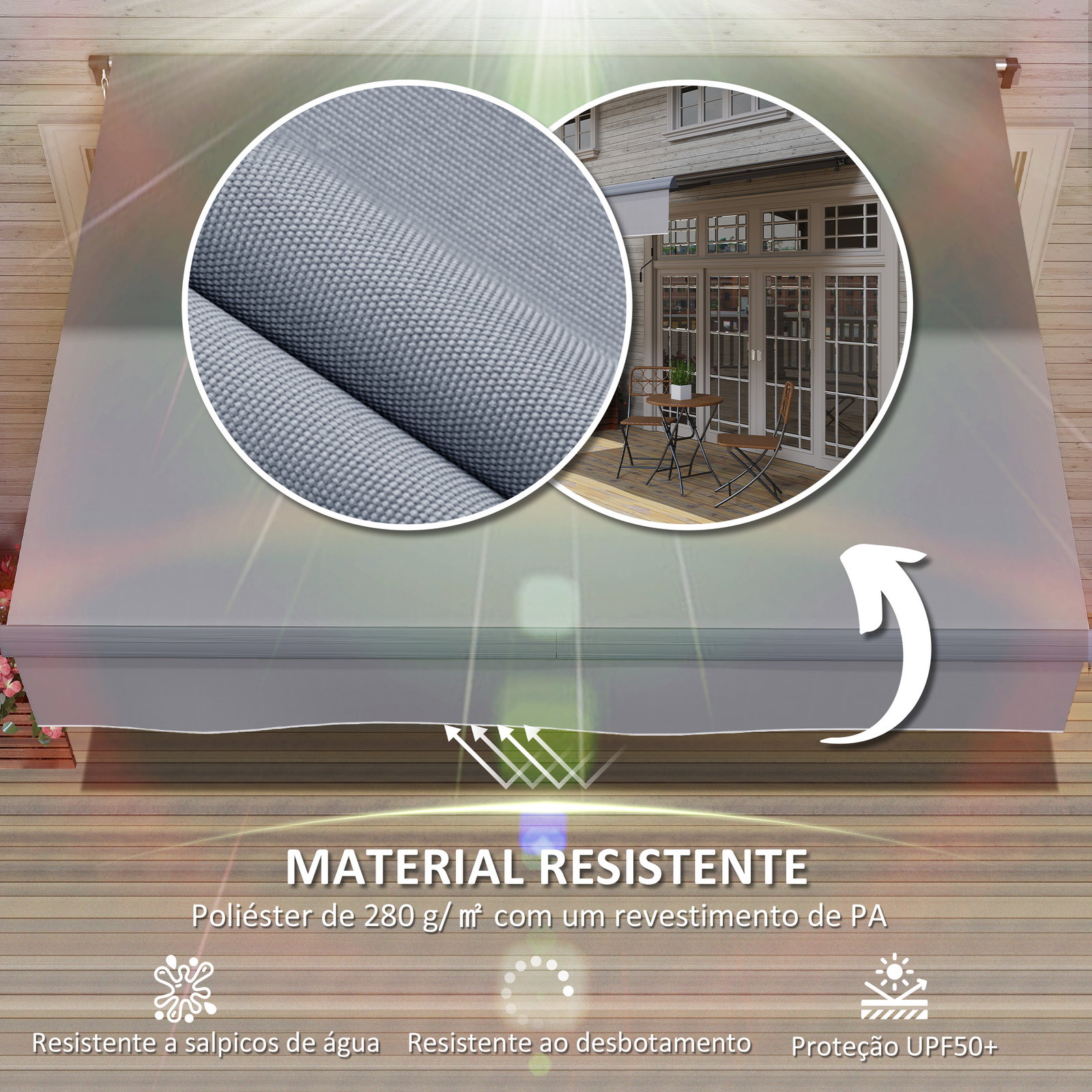 Toldo retrátil manual para jardim ajustável com manivela proteção UV estrutura de metal e alumínio 295x200 cm cinzento