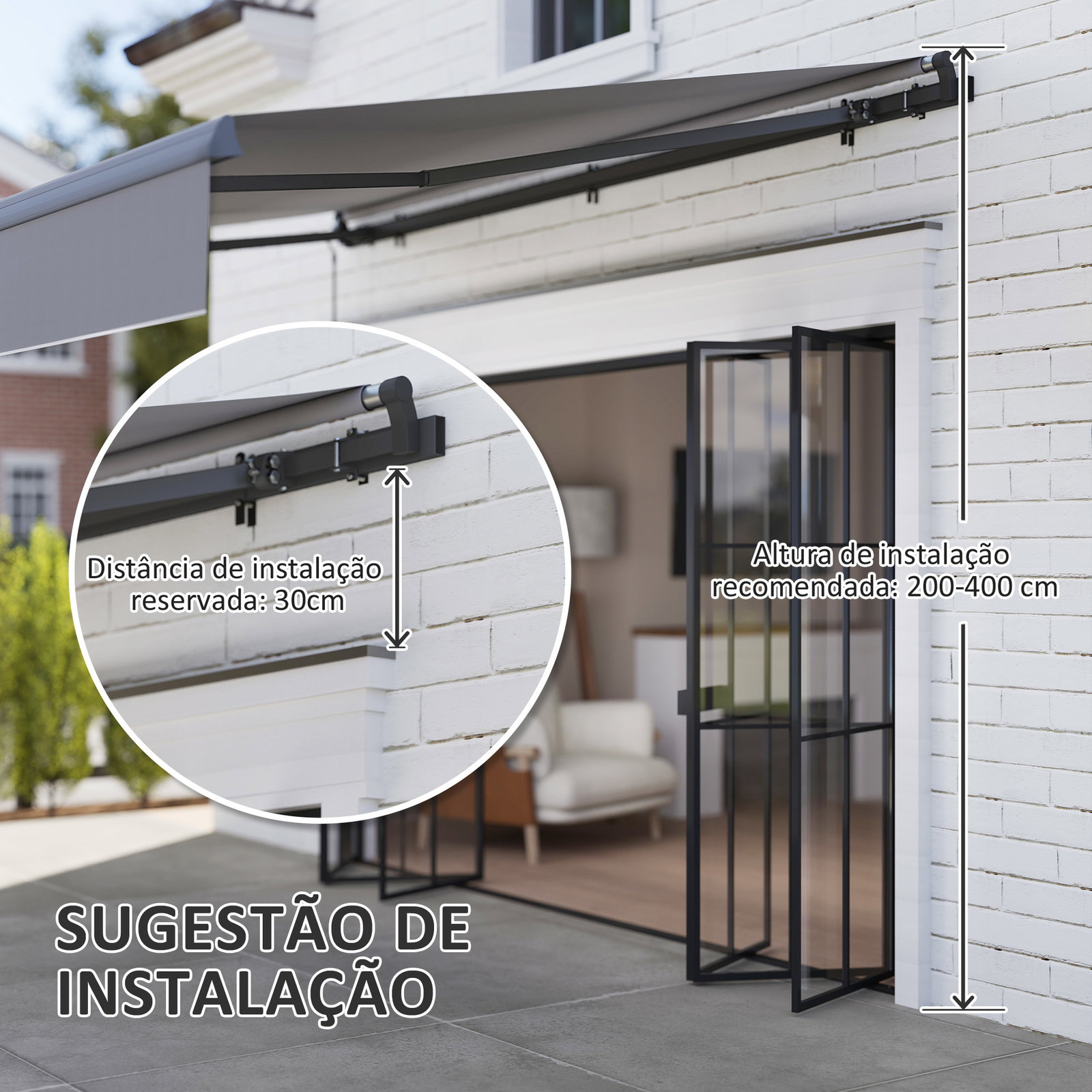 Toldo retrátil manual para jardim ajustável com manivela proteção UV estrutura de metal e alumínio 295x200 cm cinzento