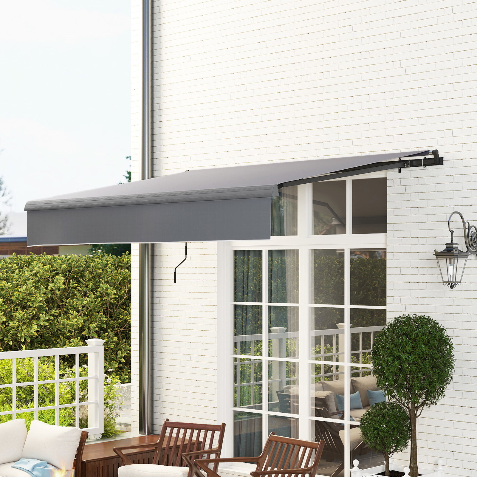 Toldo retrátil manual para jardim ajustável com manivela proteção UV estrutura de metal e alumínio 295x200 cm cinzento