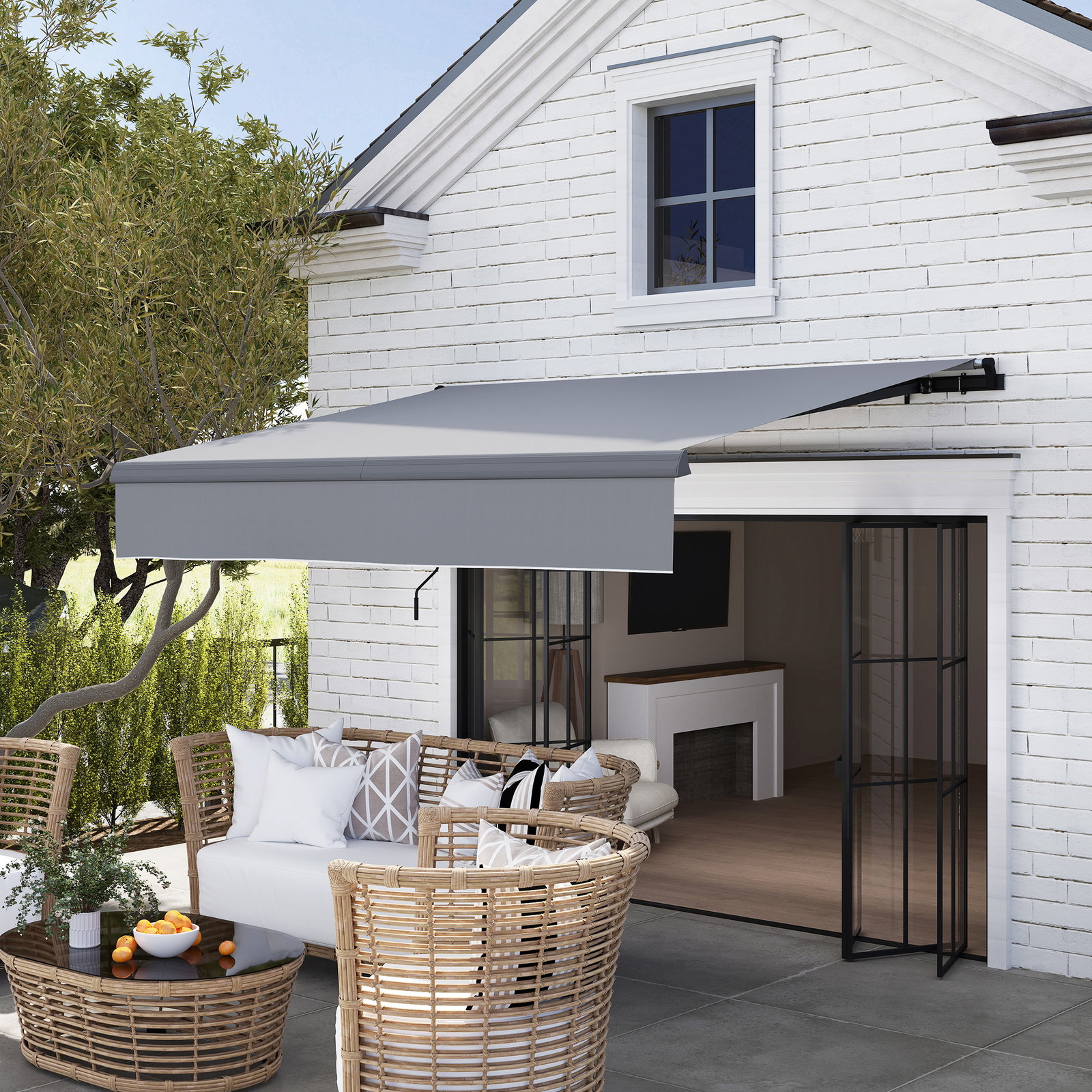 Toldo retrátil manual para jardim ajustável com manivela proteção UV estrutura de metal e alumínio 295x200 cm cinzento