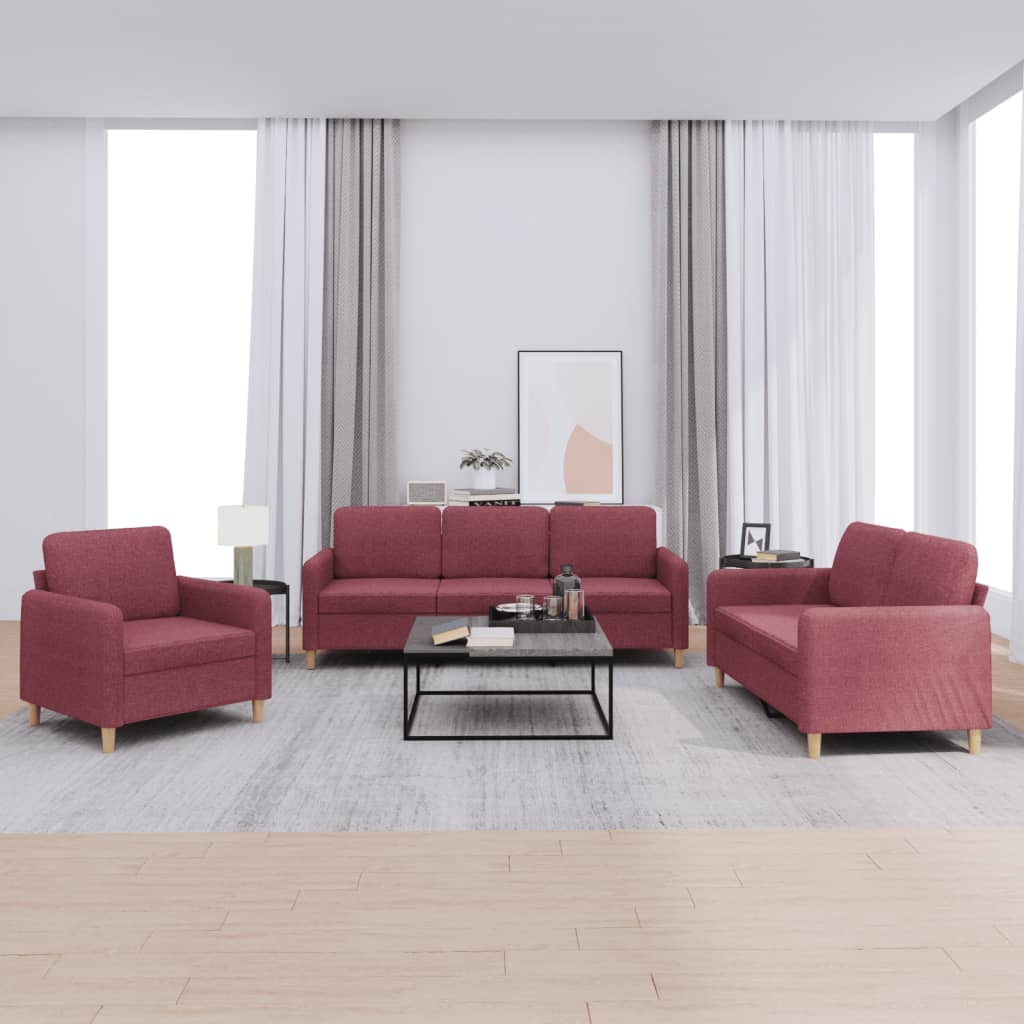 3 Pcs conjunto de sofás com almofadões tecido vermelho tinto